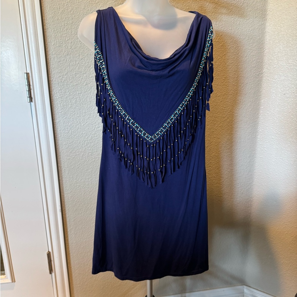Navy Fringe Cowl Neck Mini Dress